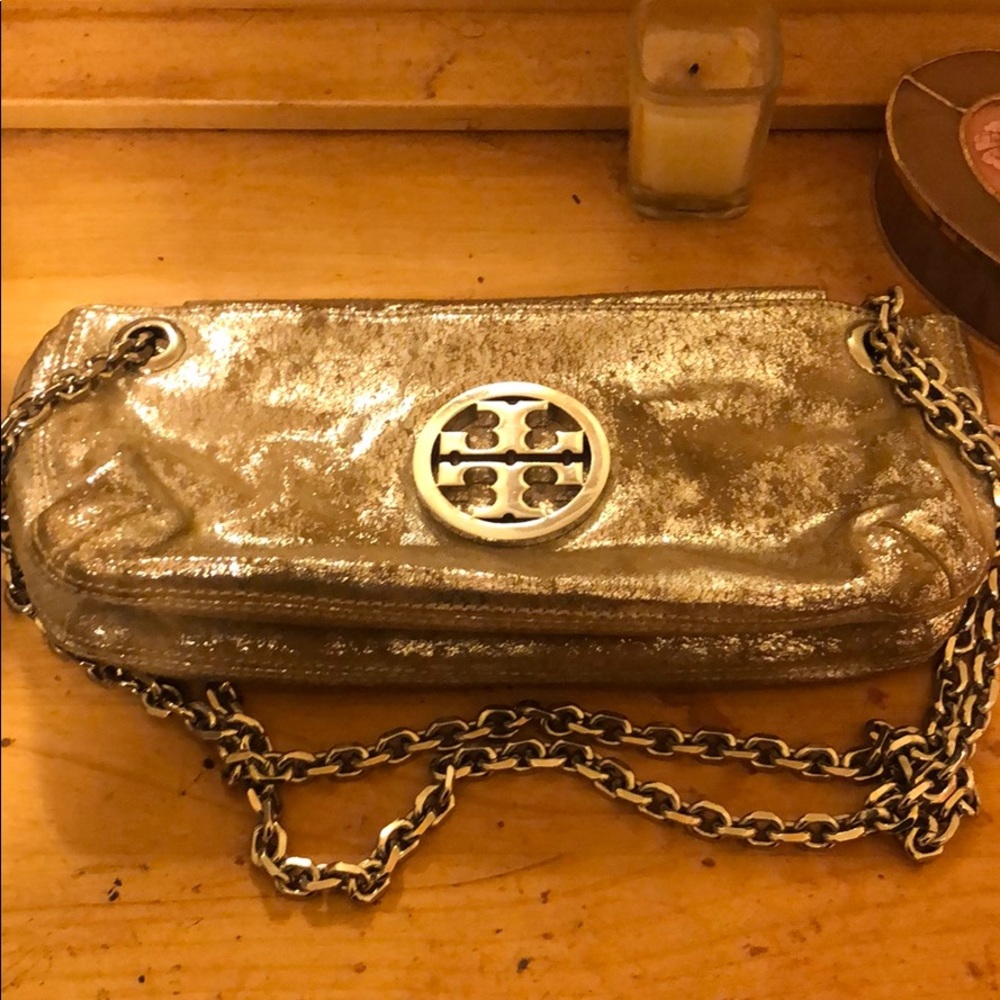 Tory Burch gold metallic suede clutch